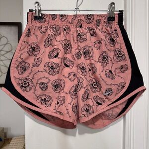 {Nike} "Tempo" Running Mini Shorts Pink Black Floral Rose Thorn Reflective Gym